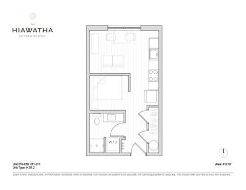 Floor plan for studio, 1 bath, 412 sqft